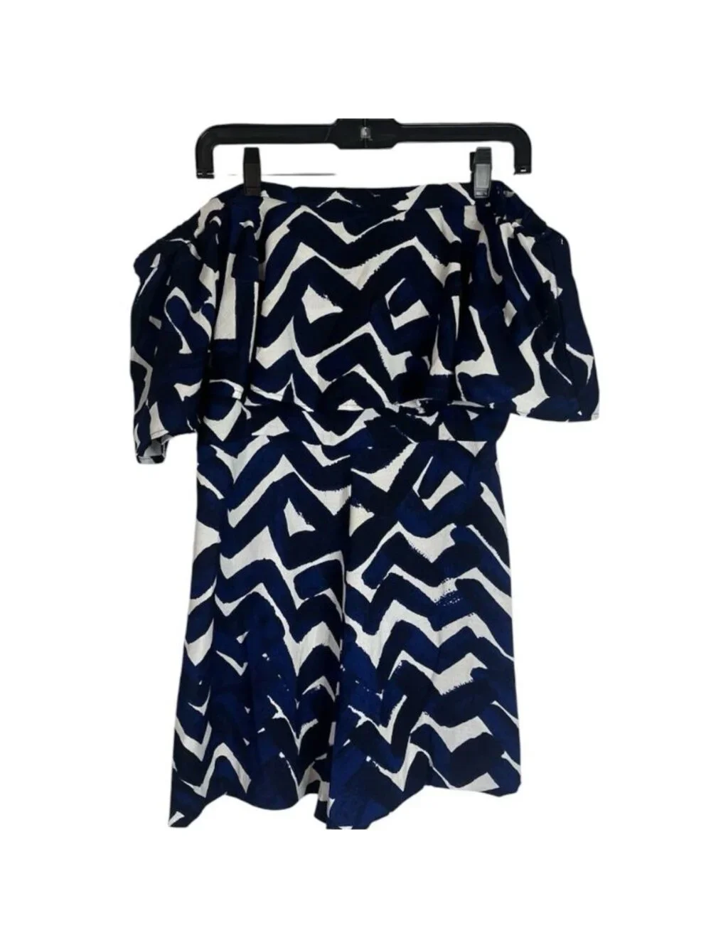 Flying Tomato Off The Shoulder Romper Sz L Abstract Blue Black Ruffled Elastic - Picture 2 of 9